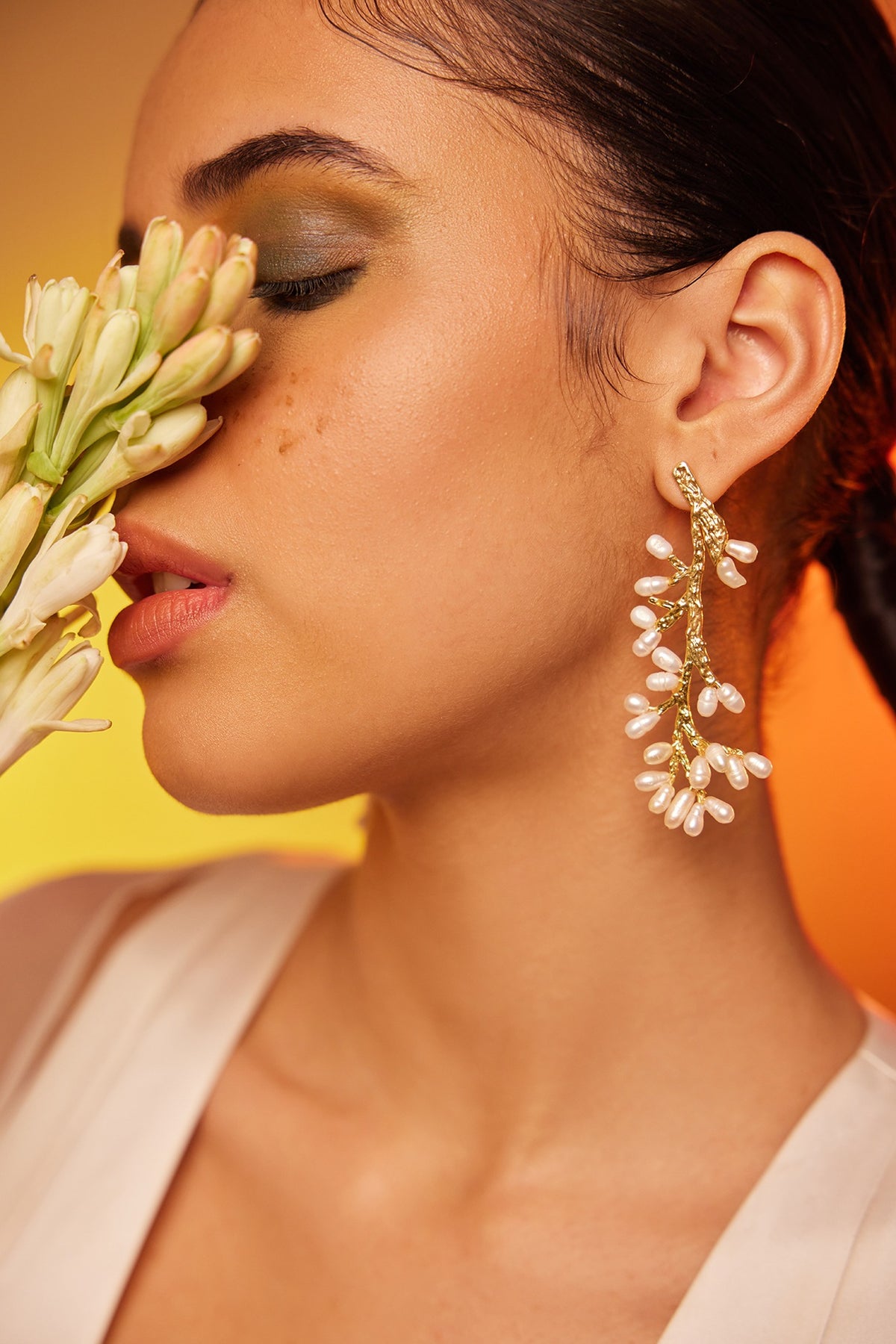 Gold Finish Pearl Dangler Earrings In Sterling Silver