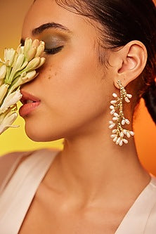 Gold Finish Pearl Dangler Earrings In Sterling Silver