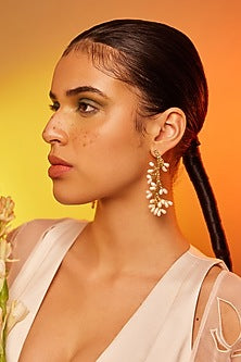 Gold Finish Pearl Dangler Earrings In Sterling Silver