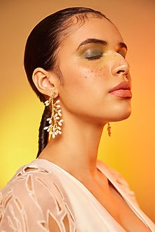 Gold Finish Pearl Dangler Earrings In Sterling Silver