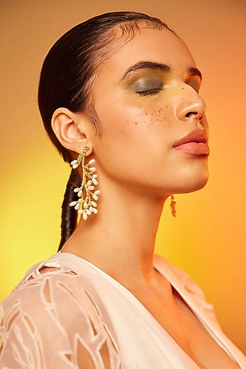 Gold Finish Pearl Dangler Earrings In Sterling Silver