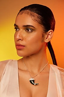 White Finish Silver Embellished Pendant Chain Necklace In Sterling Silver