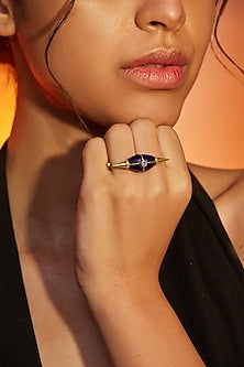 Gold Finish Blue Stone Ring In Sterling Silver