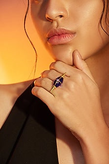 Gold Finish Blue Stone Ring In Sterling Silver