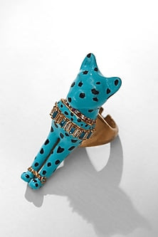 Gold Finish Satin Sky Blue Enameled Ring