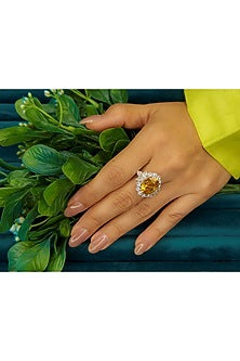 White Finish Pear-Shaped Diamond & Round Yellow Topaz Ring
