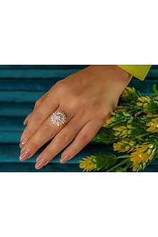 Yellow Gold Finish Pear-Shaped & Solitaire Diamond Floral Ring