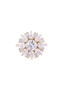 Yellow Gold Finish Pear-Shaped & Solitaire Diamond Floral Ring