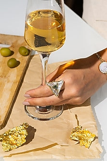 Yellow Gold Finish Baguette Diamond & Triangular Green Diamond Ring