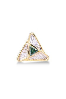 Yellow Gold Finish Baguette Diamond & Triangular Green Diamond Ring