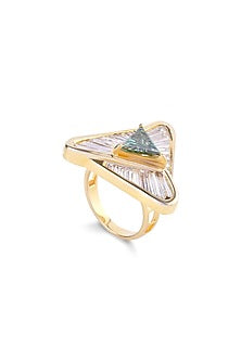 Yellow Gold Finish Baguette Diamond & Triangular Green Diamond Ring