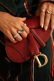 Yellow Gold Finish Pear-Cut Diamond & Lab Columbian Emerald Ring