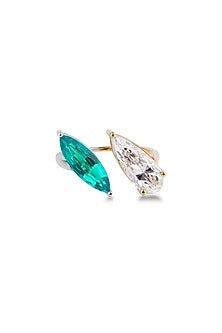 Yellow Gold Finish Pear-Cut Diamond & Lab Columbian Emerald Ring