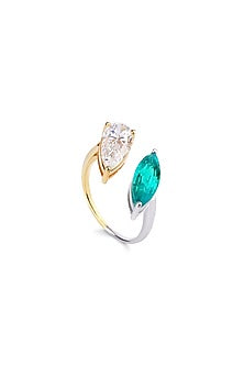 Yellow Gold Finish Pear-Cut Diamond & Lab Columbian Emerald Ring