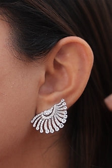 White Finish Round & Pear-Shaped Diamonds Half Moon Earrings