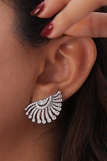 White Finish Round & Pear-Shaped Diamonds Half Moon Earrings