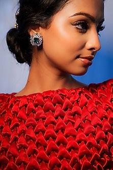 White Finish Diamonds & Green Emerald Stud Earrings