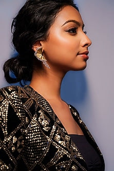 White Finish Round Diamond Statement Earrings
