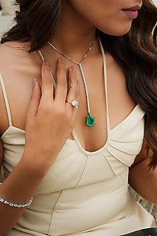 White Finish Round-Shaped Diamond & Emerald Stone Necklace