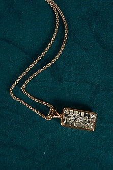 Yellow Gold Finish Diamond & Sapphire Crystal Rectangular Pendant Necklace