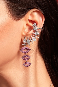 Silver Plated Ruby Stone & Diamond Earcuffs