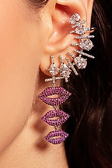 Silver Plated Ruby Stone & Diamond Earcuffs