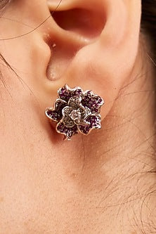 Silver Plated Ruby Stone & Diamond Floral Stud Earrings
