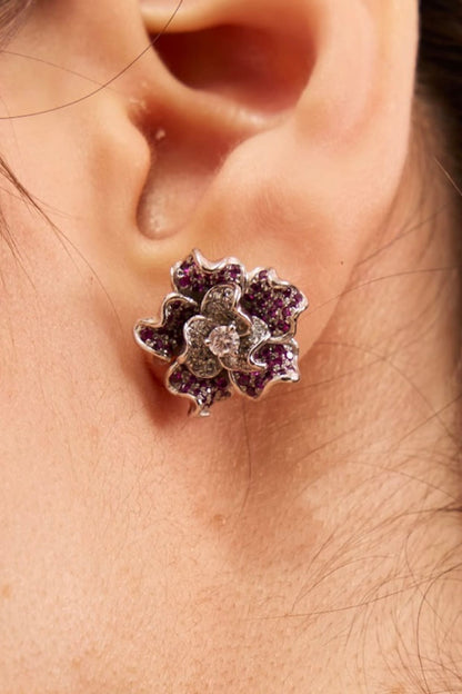 Silver Plated Ruby Stone & Diamond Floral Stud Earrings
