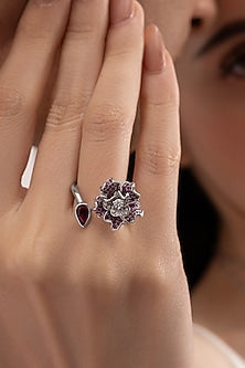 Silver Plated Ruby Stone Floral Ring