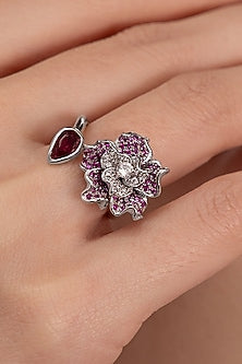 Silver Plated Ruby Stone Floral Ring