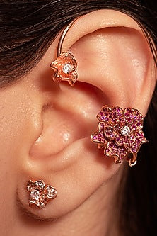 Rose Gold Plated Ruby Stone Handcrafted Floral Earcuffs