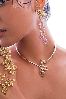 Gold Plated Pink Rose Quartz Handcrafted Dangler Earrings