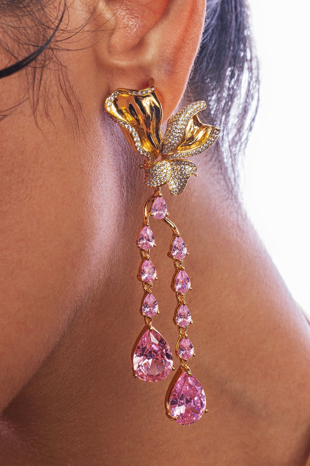 Gold Plated Pink Rose Quartz Handcrafted Dangler Earrings