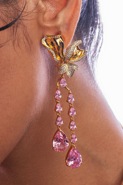 Gold Plated Pink Rose Quartz Handcrafted Dangler Earrings