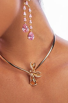 Gold Plated Pink Rose Quartz Handcrafted Dangler Earrings