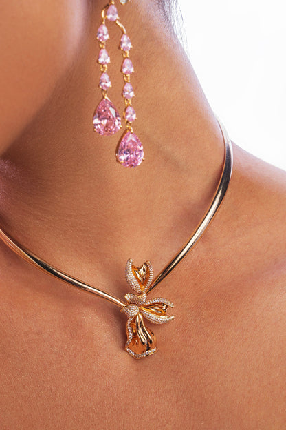 Gold Plated Pink Rose Quartz Handcrafted Dangler Earrings
