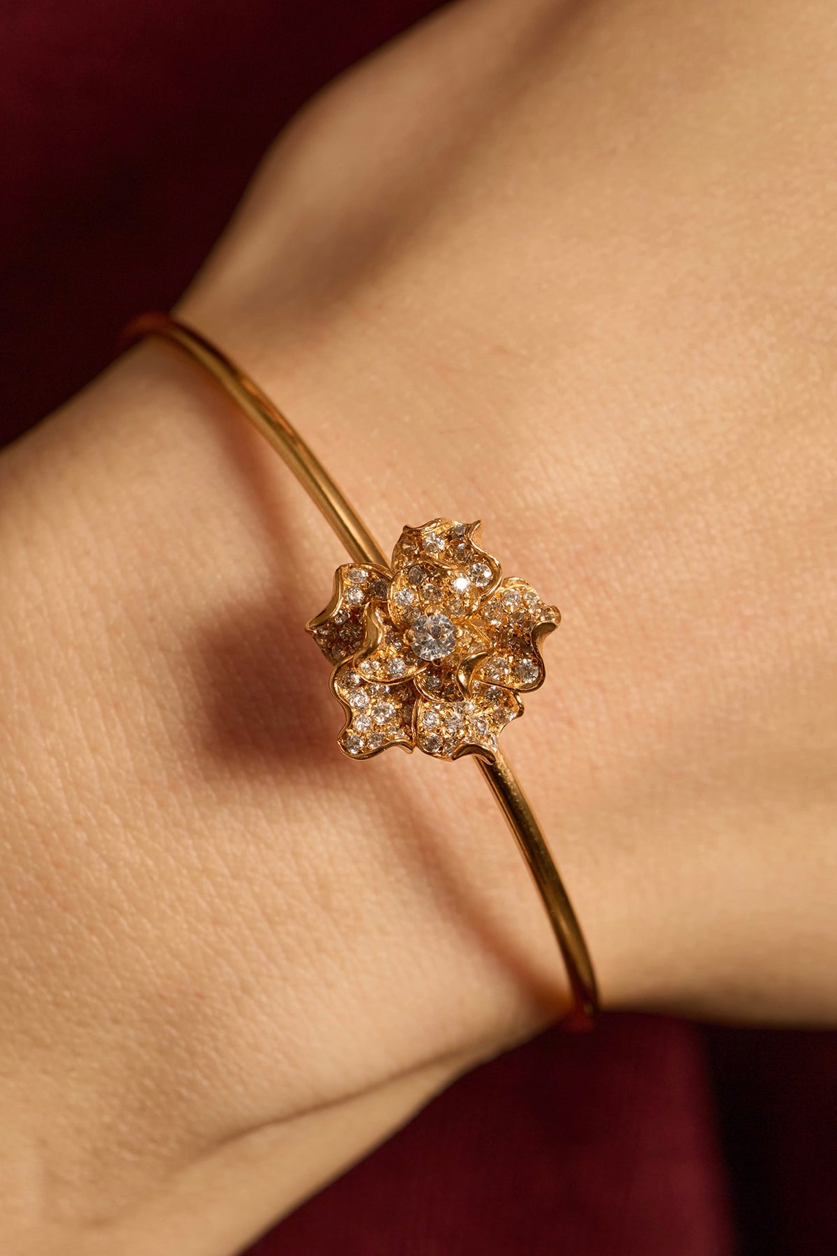 Gold Plated White Stone Adjustable Floral Bangle