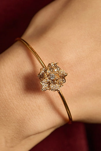 Gold Plated White Stone Adjustable Floral Bangle