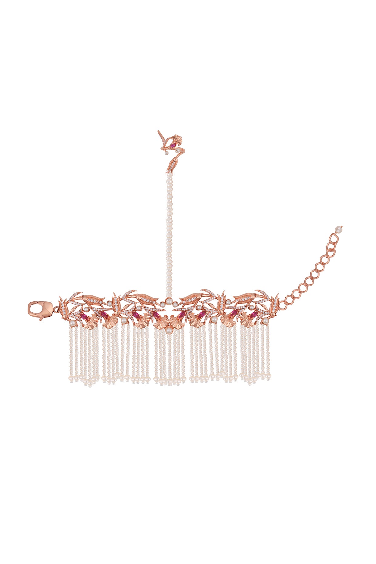 Rose Gold Plated Pearl Hand Harness With Rings