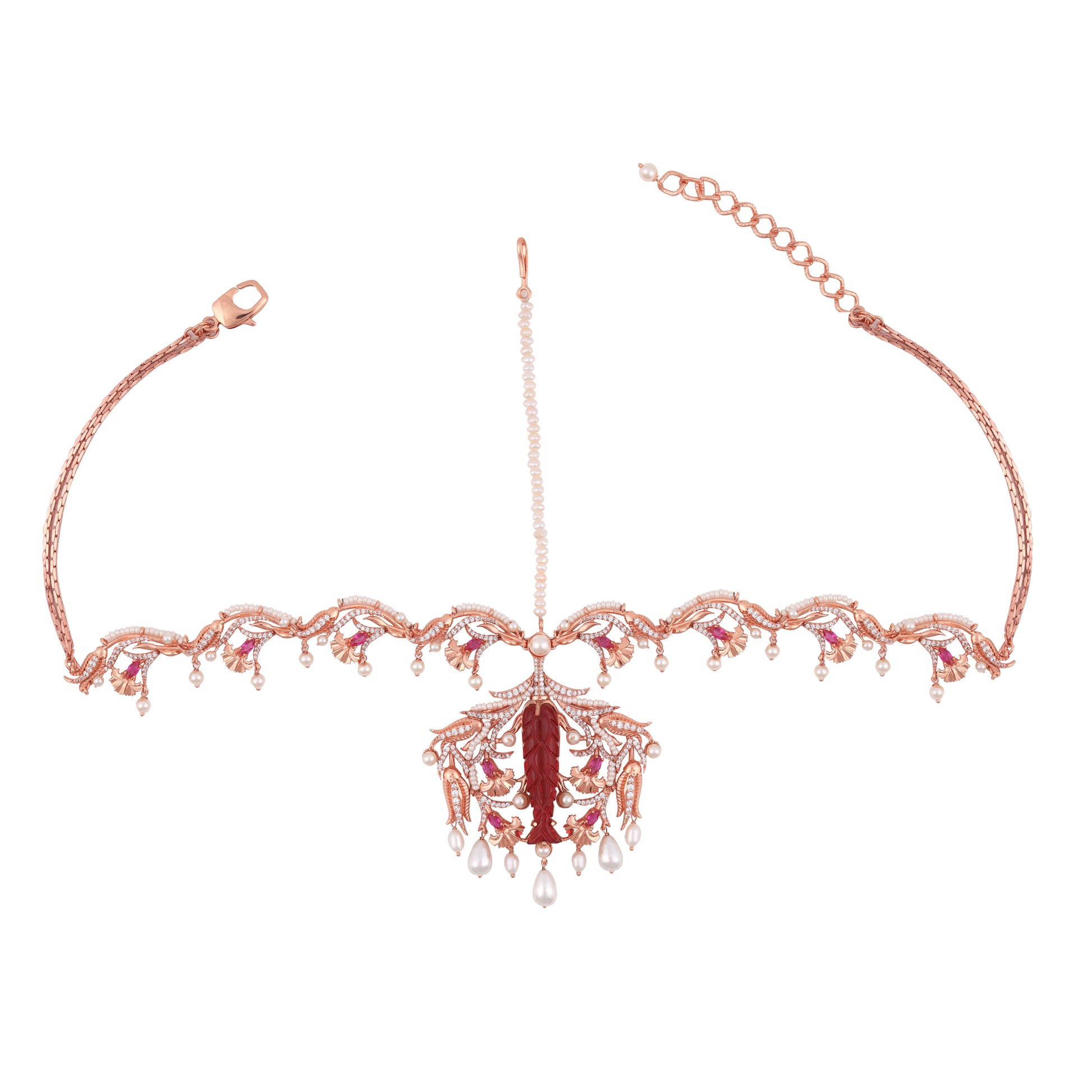 Rose Gold Plated Swarovski Crystal & Pearls Carved Head Piece