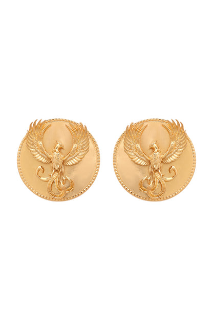 Gold Finish Phoenix Motif Stud Earrings