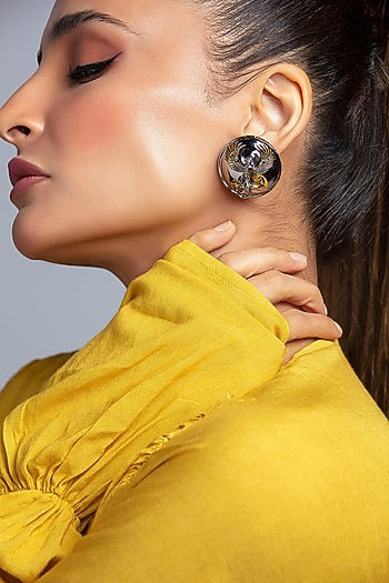 Gunmetal Finish Stud Earrings With Phoenix Motif