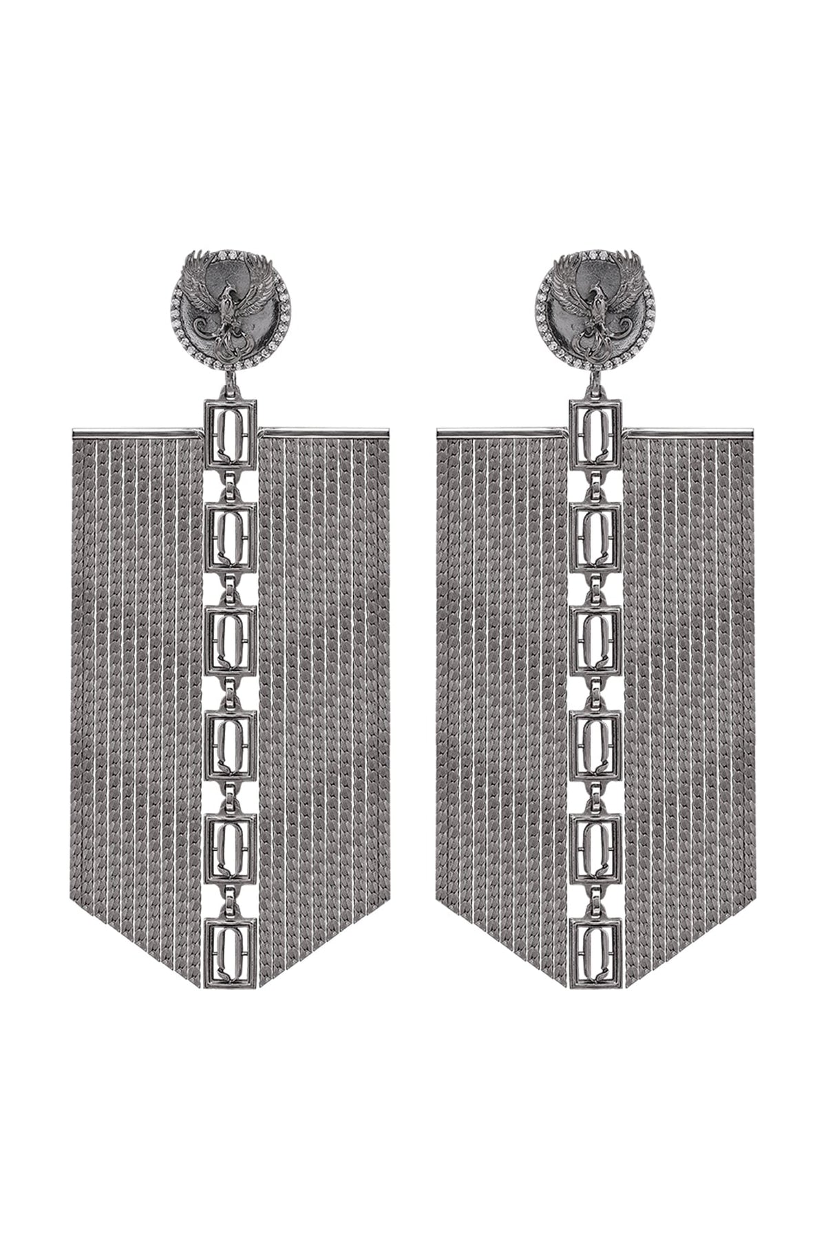 Gunmetal Finish Phoenix Coin & Leaf Motif Dangle Earrings
