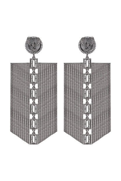 Gunmetal Finish Phoenix Coin & Leaf Motif Dangle Earrings