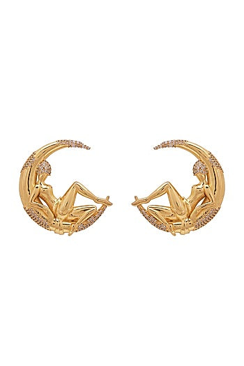 Gold Finish 3D Figurines & Crescent Stud Earrings