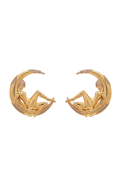 Gold Finish 3D Figurines & Crescent Stud Earrings