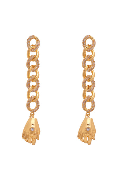 Gold Finish 3D Hand Motif & Zircons Earrings