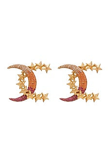 Gold Finish Crystal Encrusted Crescent Stud Earrings