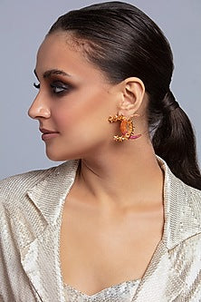 Gold Finish Crystal Encrusted Crescent Stud Earrings