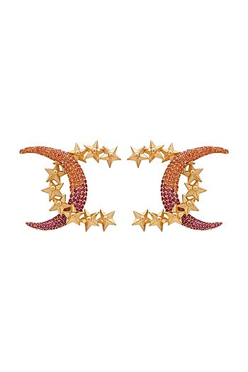 Gold Finish Stud Earrings With Crystal Crescents